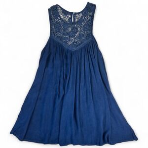 Boho Me Blue Lace Yoke Babydoll Mini Dress Small Sleeveless Boho Crochet Detail